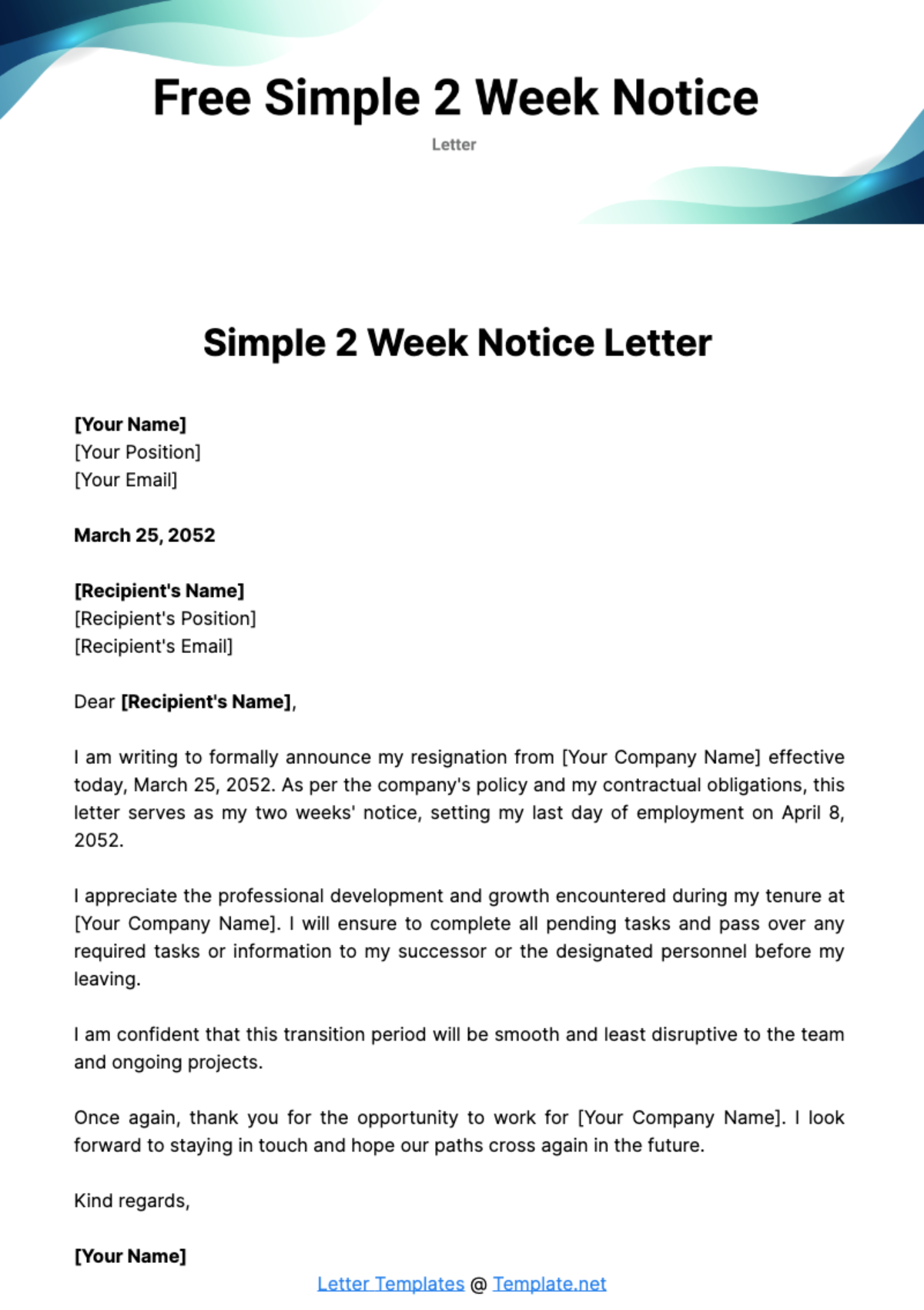 Free Simple 2 Week Notice Letter Template
