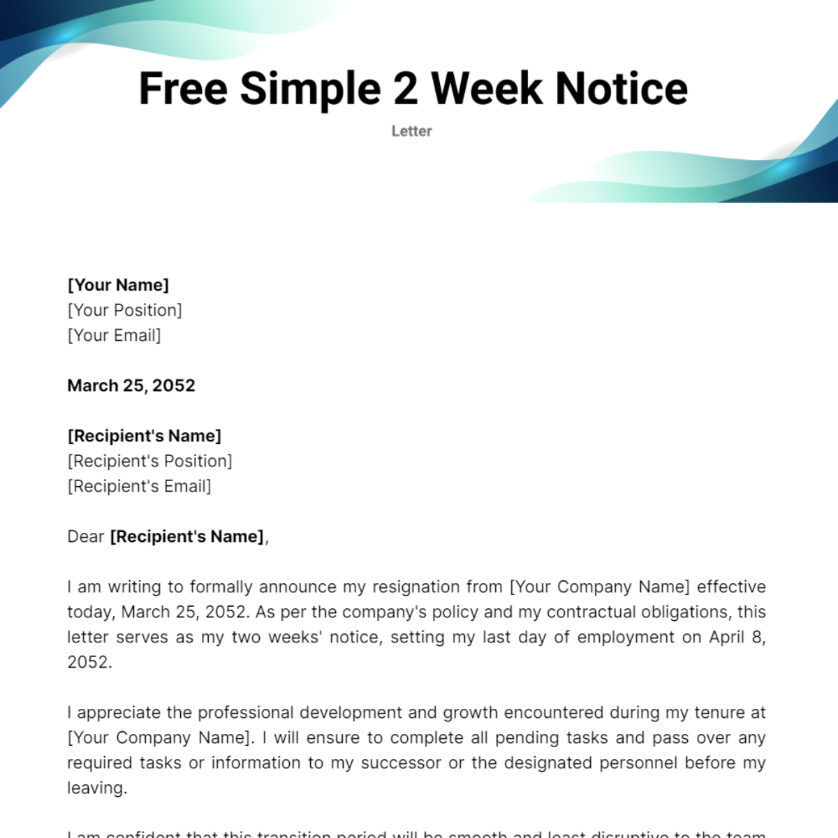 Simple 2 Week Notice Letter Template