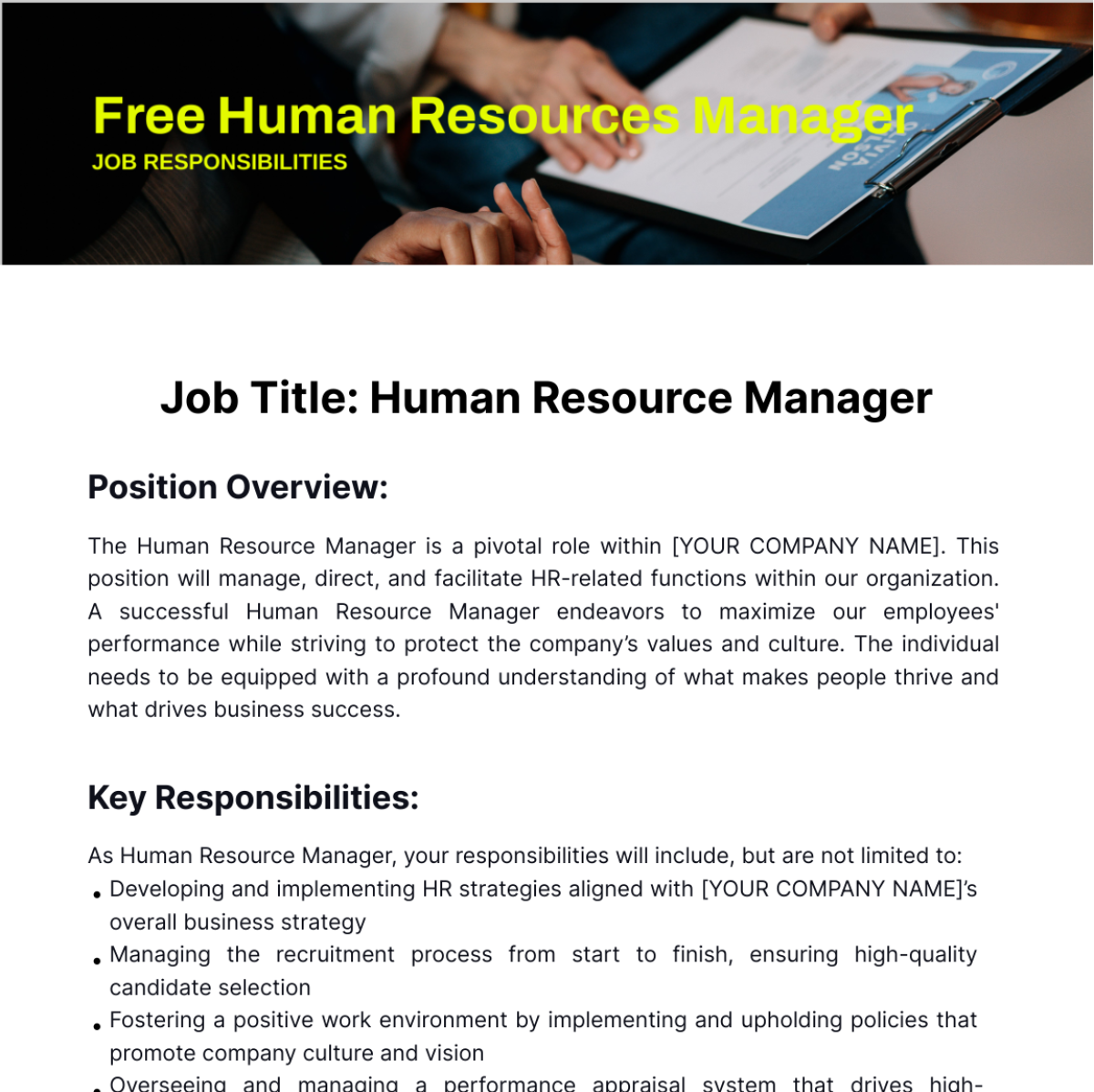 Human Resource Manager Job Responsibilities Template