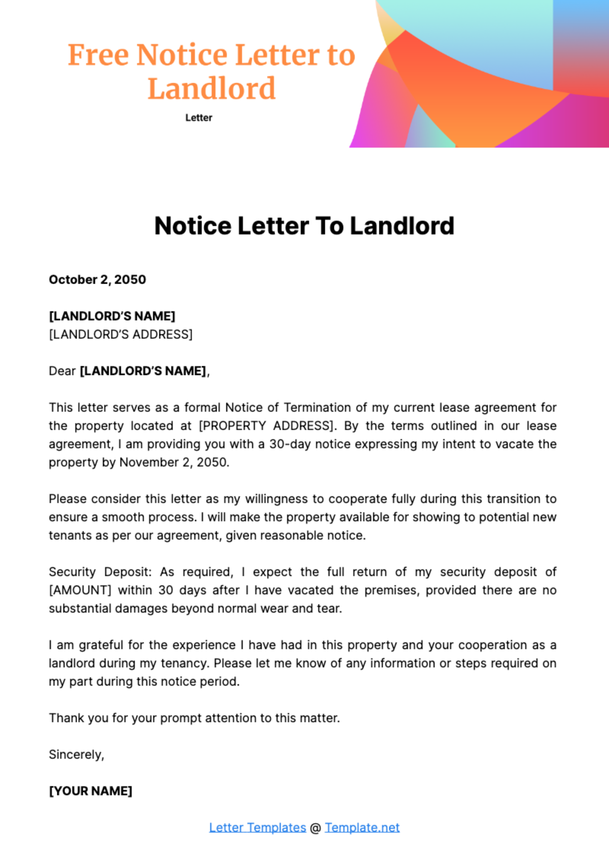 Free Notice Letter to Landlord Template