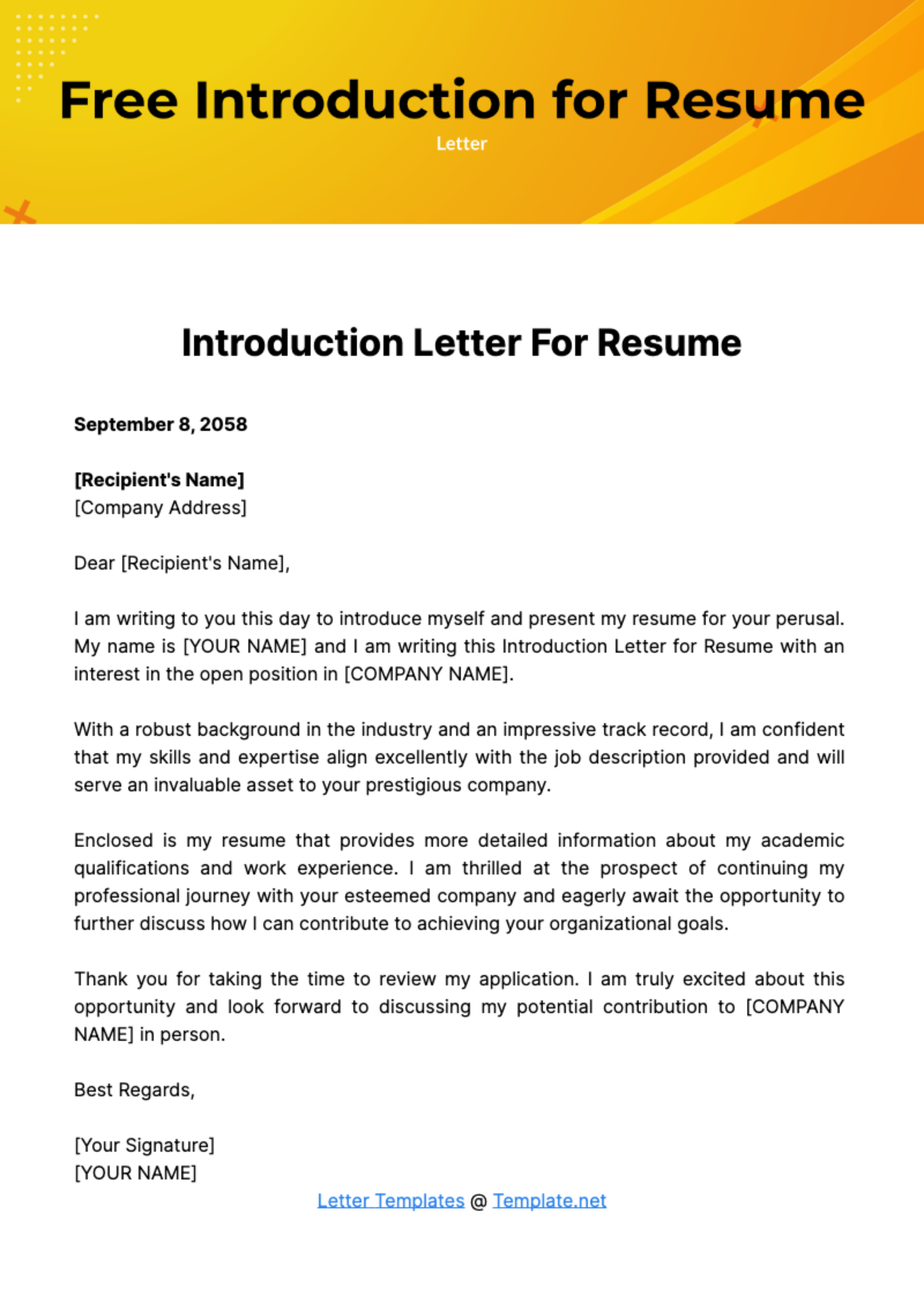 Free Introduction Letter for Resume Template