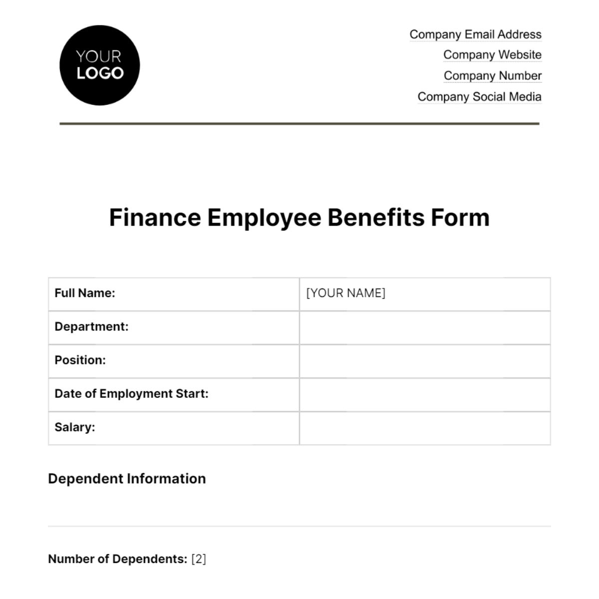Finance Employee Benefits Form Template