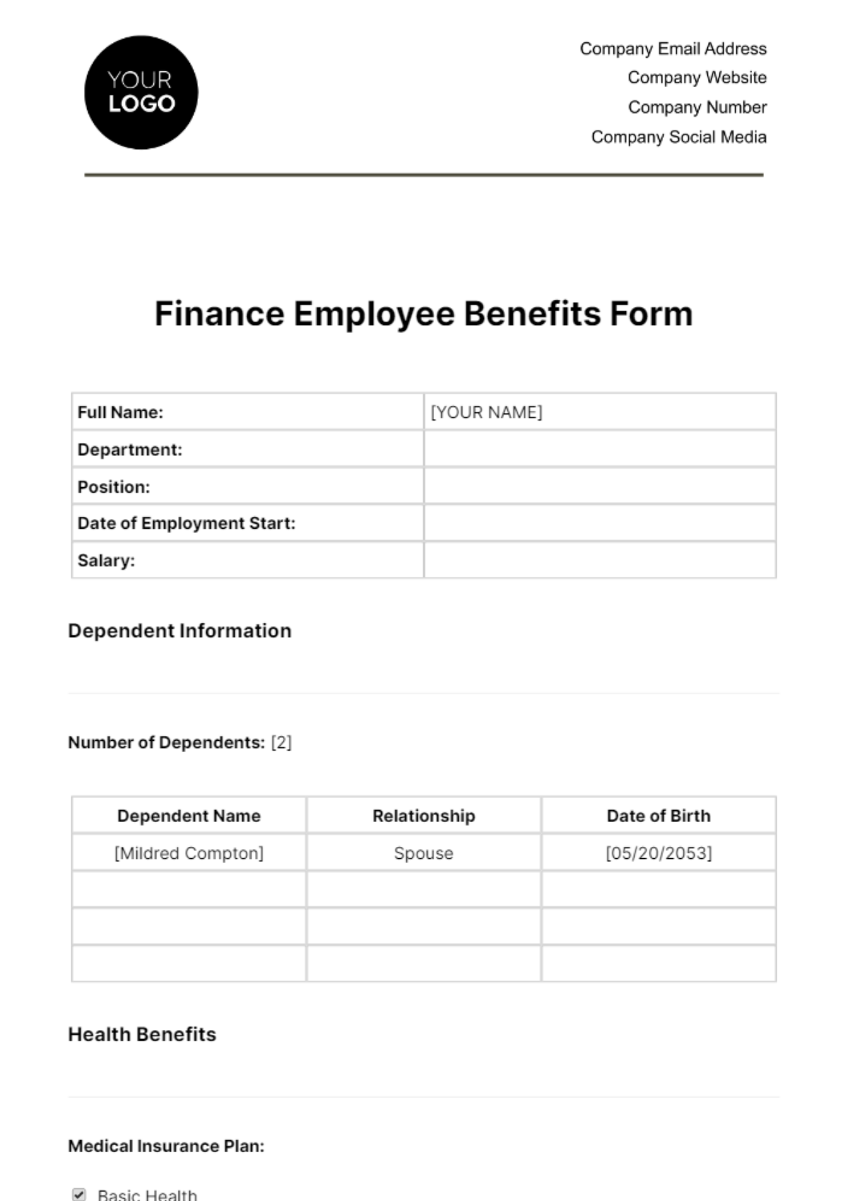 Free Finance Employee Benefits Form Template