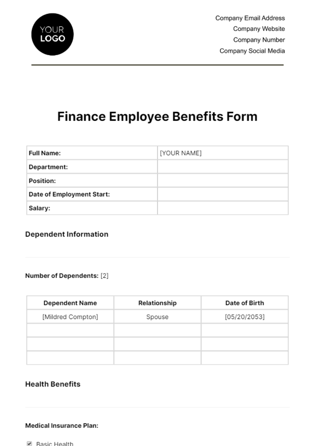 Finance Employee Benefits Form Template - Edit Online & Download