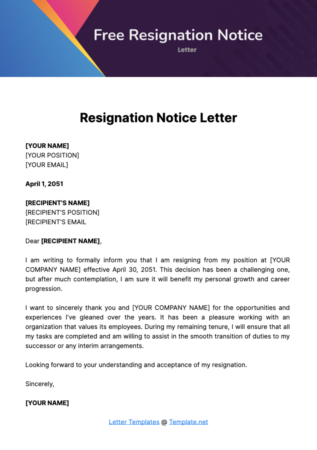 Free Resignation Notice Letter Template