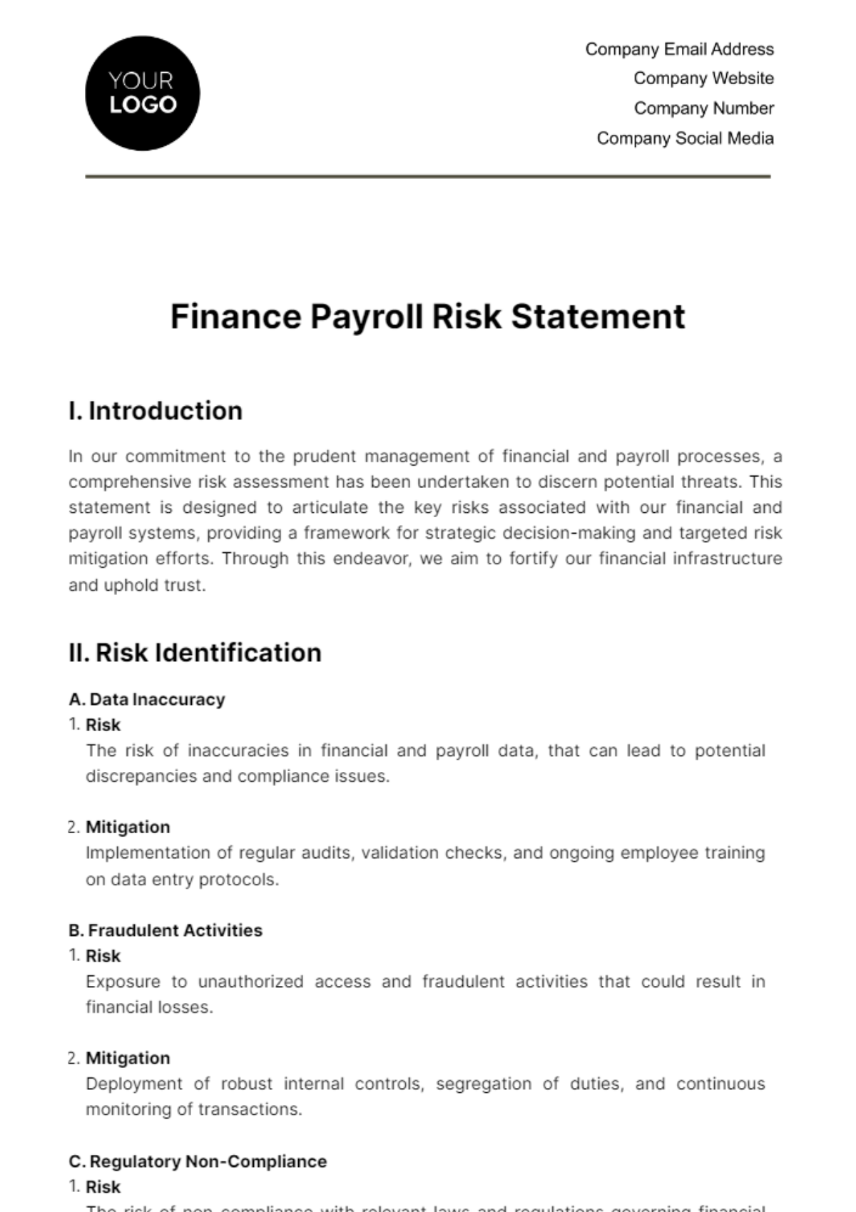 Finance Payroll Risk Statement Template - Edit Online & Download