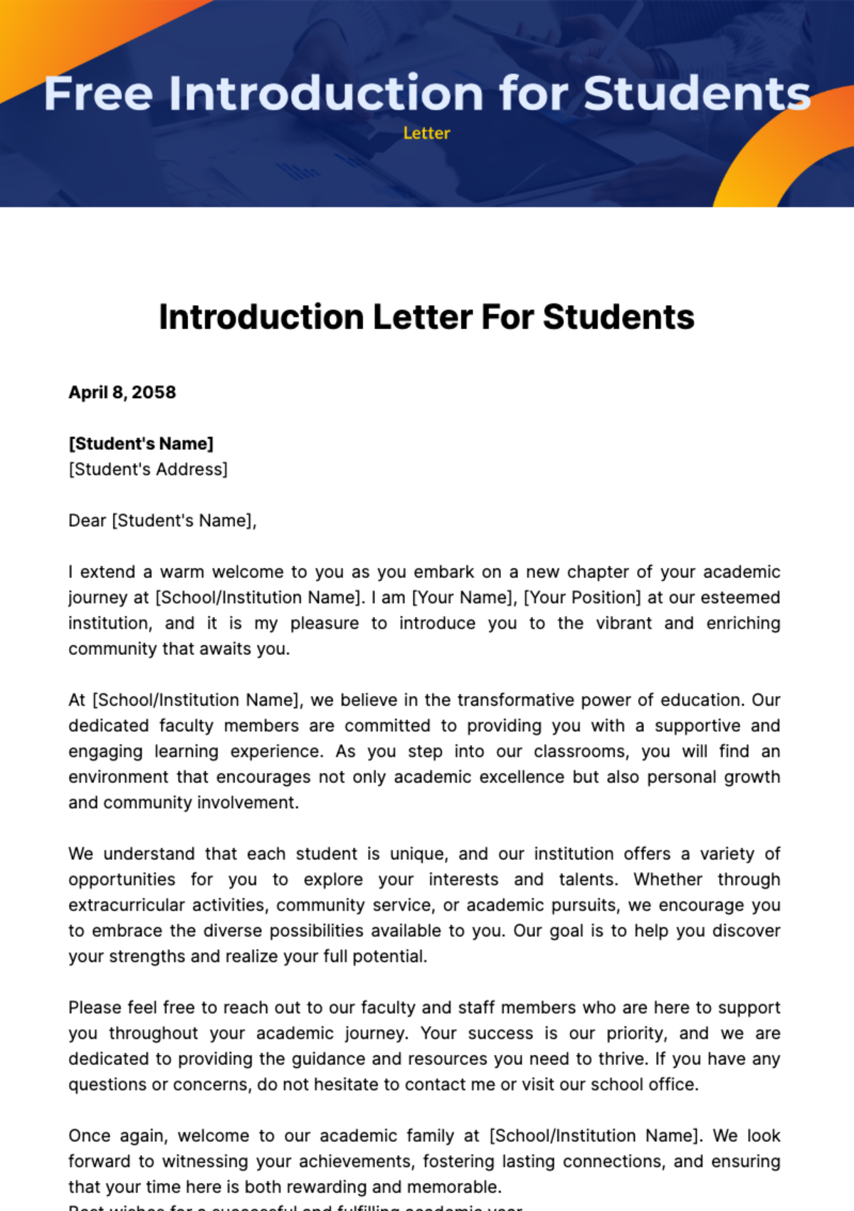 Free Introduction Letter for Students Template