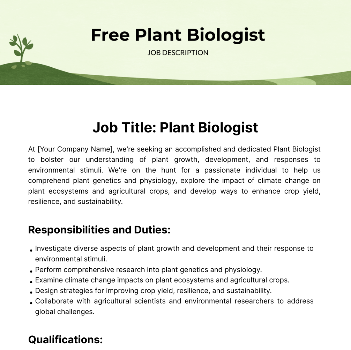 Free Plant Biologist Job Description Template