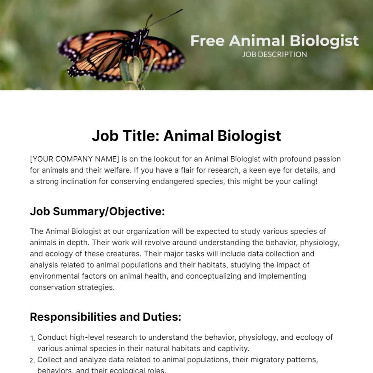 Free Animal Biologist Job Description Template