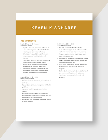 Health Officer Resume Template
