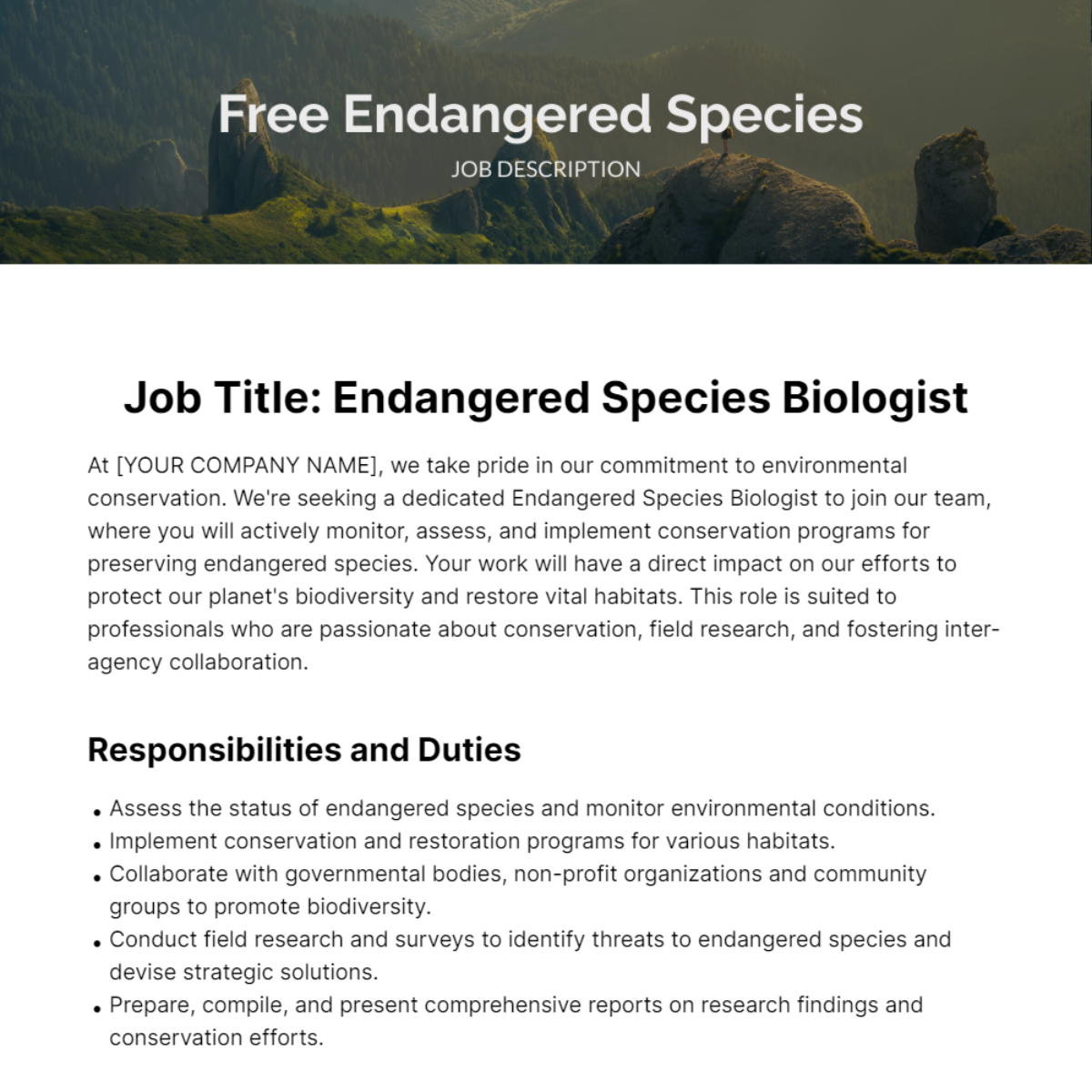 Free Endangered Species Job Description Template