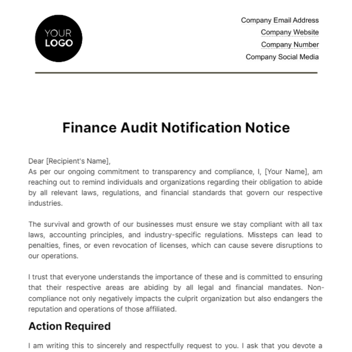 Finance Audit Notification Notice Template