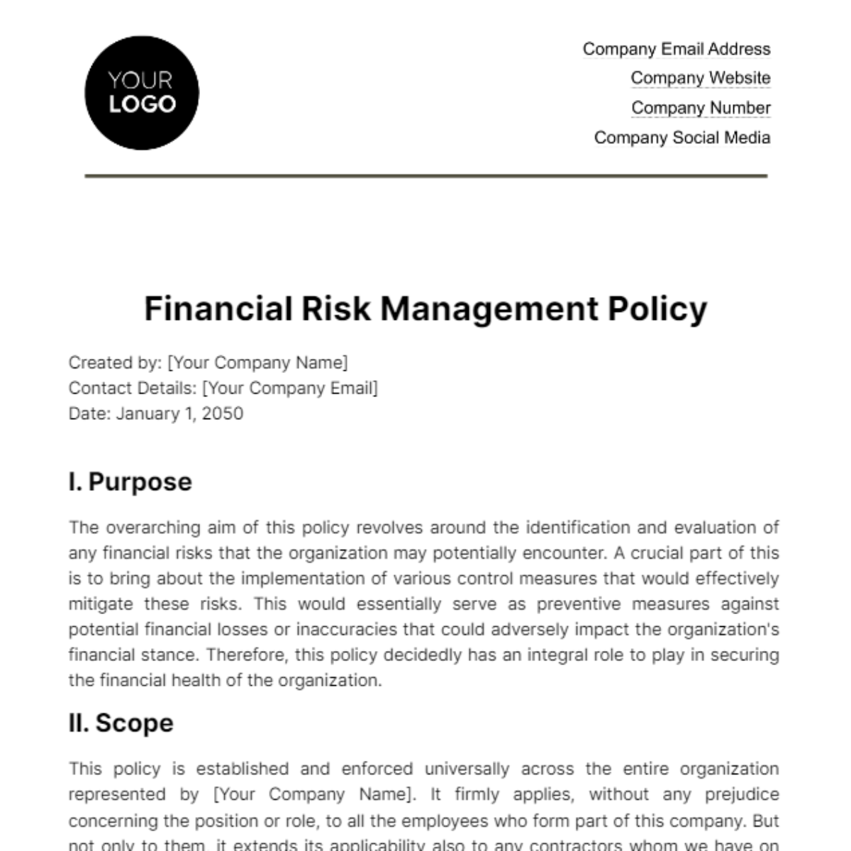 Finance Internal Control Policy Outline Template