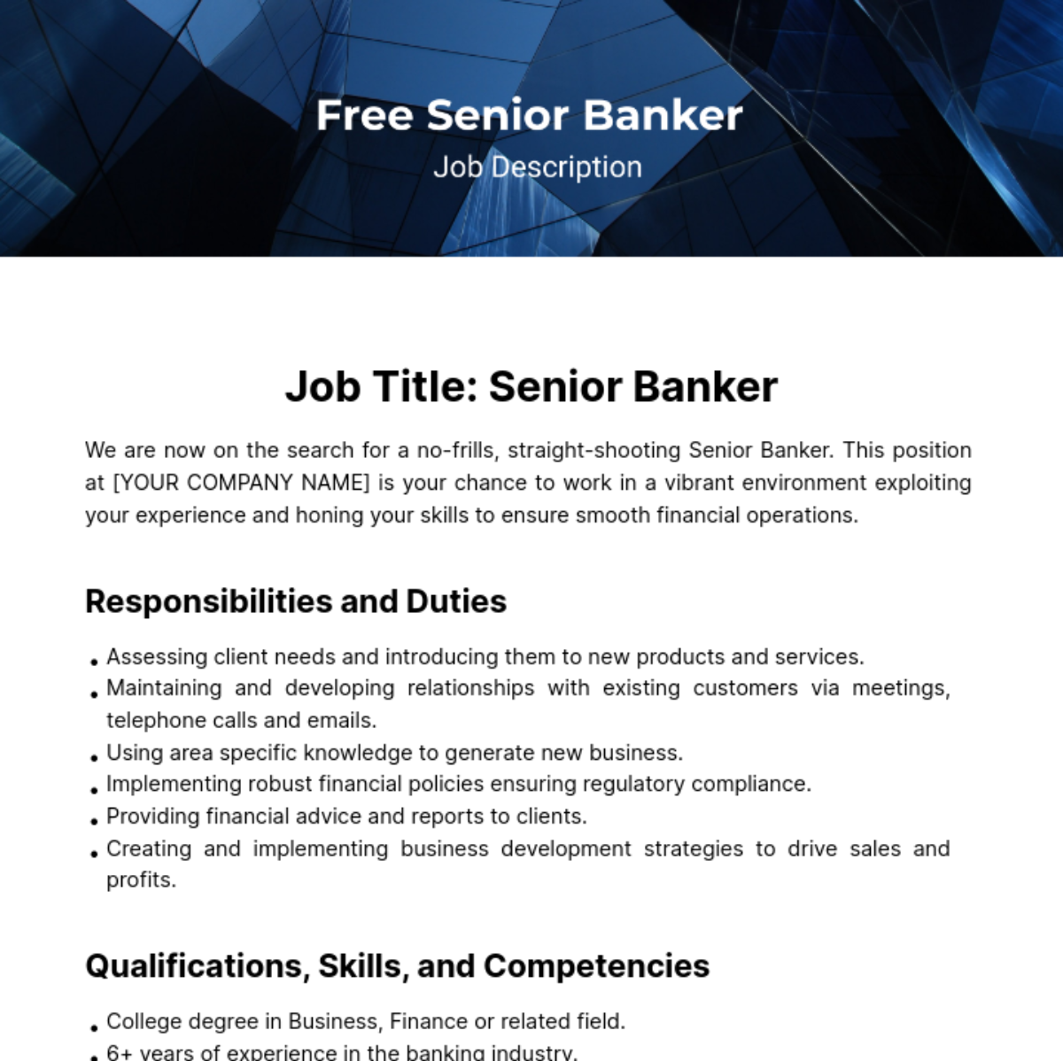 Senior Banker Job Description Template