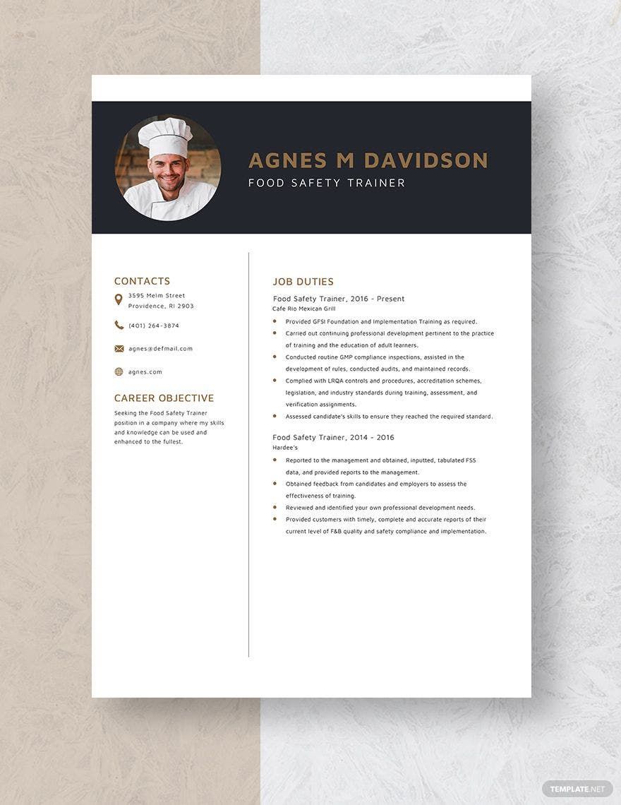 Free Food Safety Trainer Resume Template