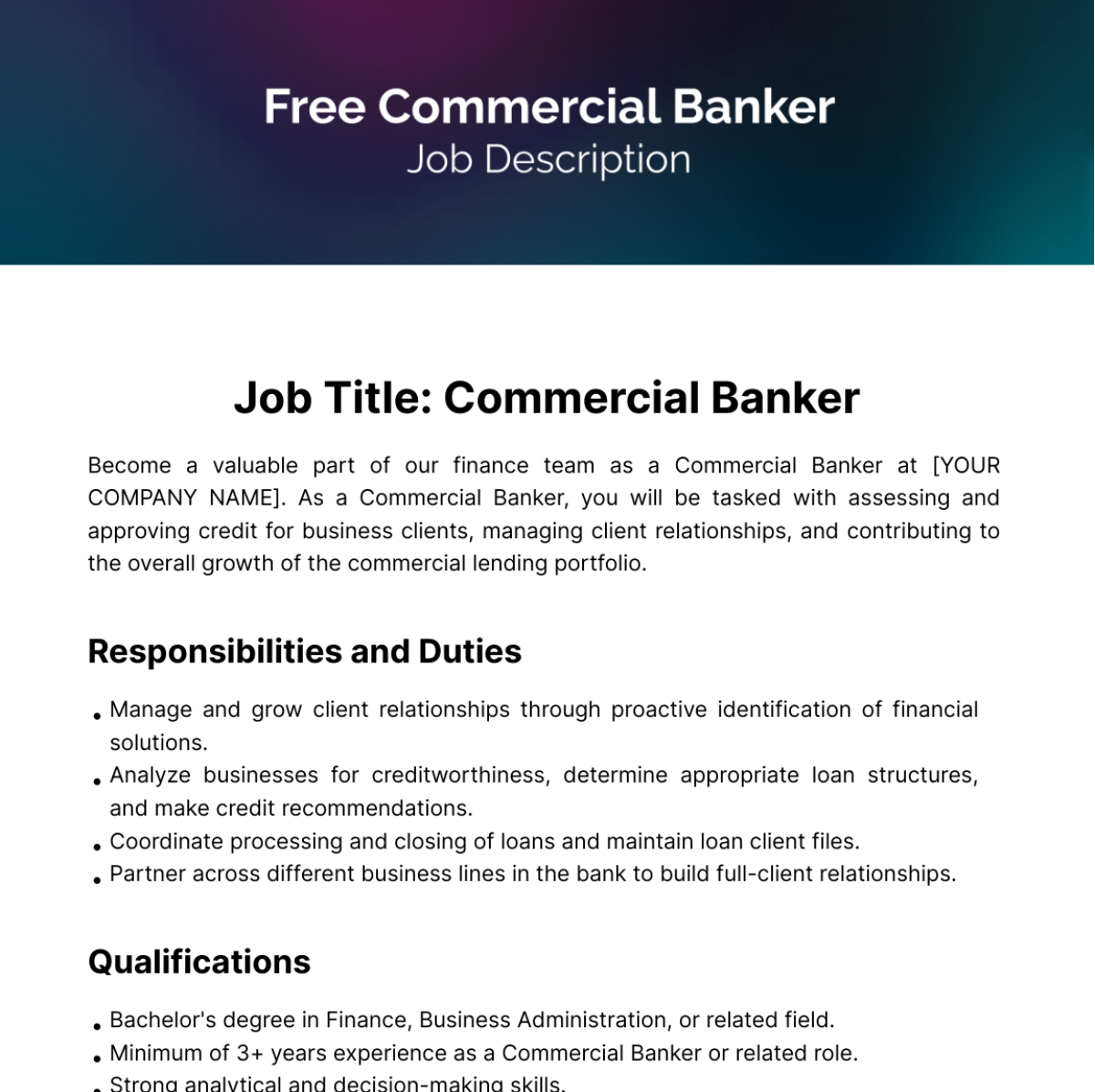 Free Commercial Banker Job Description Template