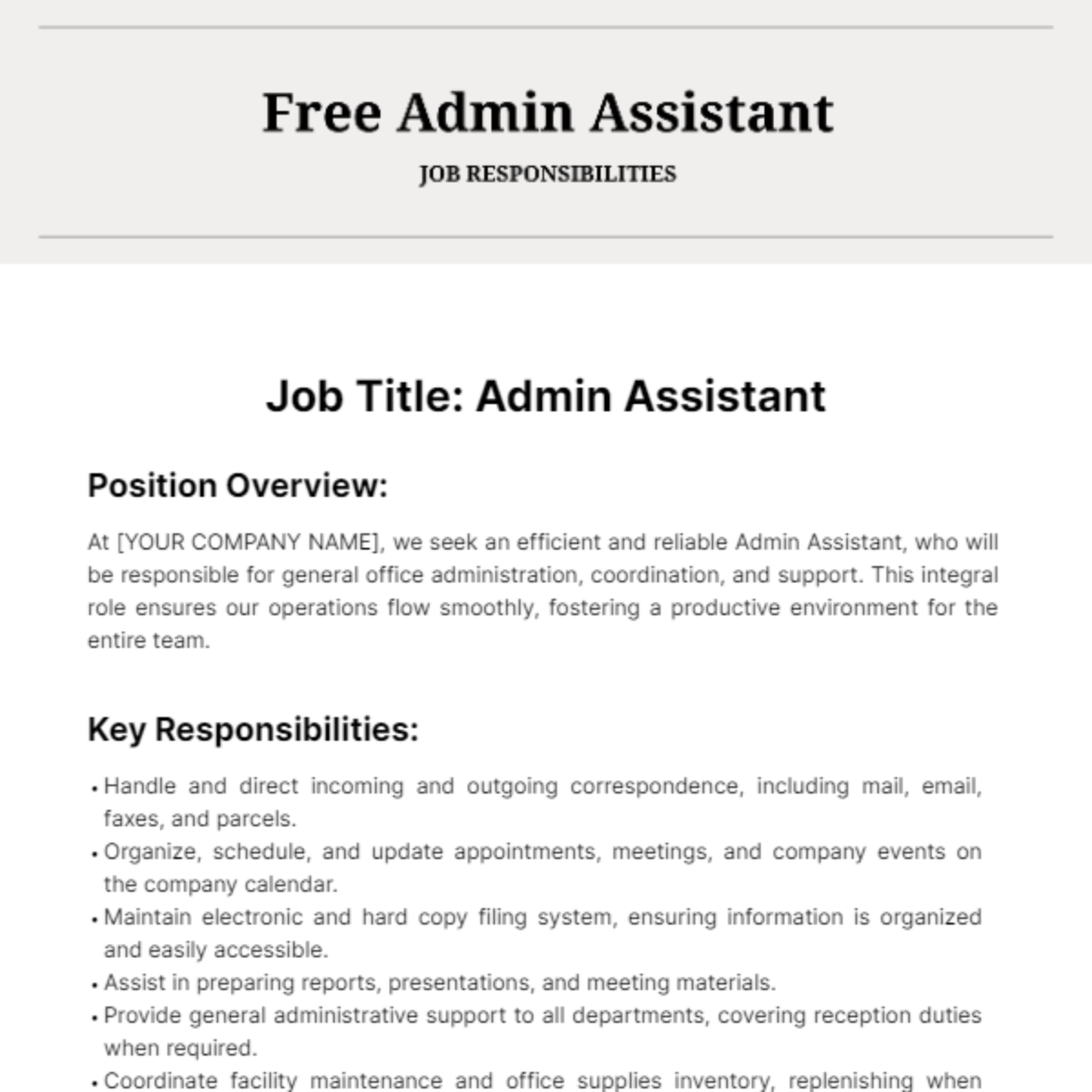 Free Admin Assistant Job Responsibilities Template