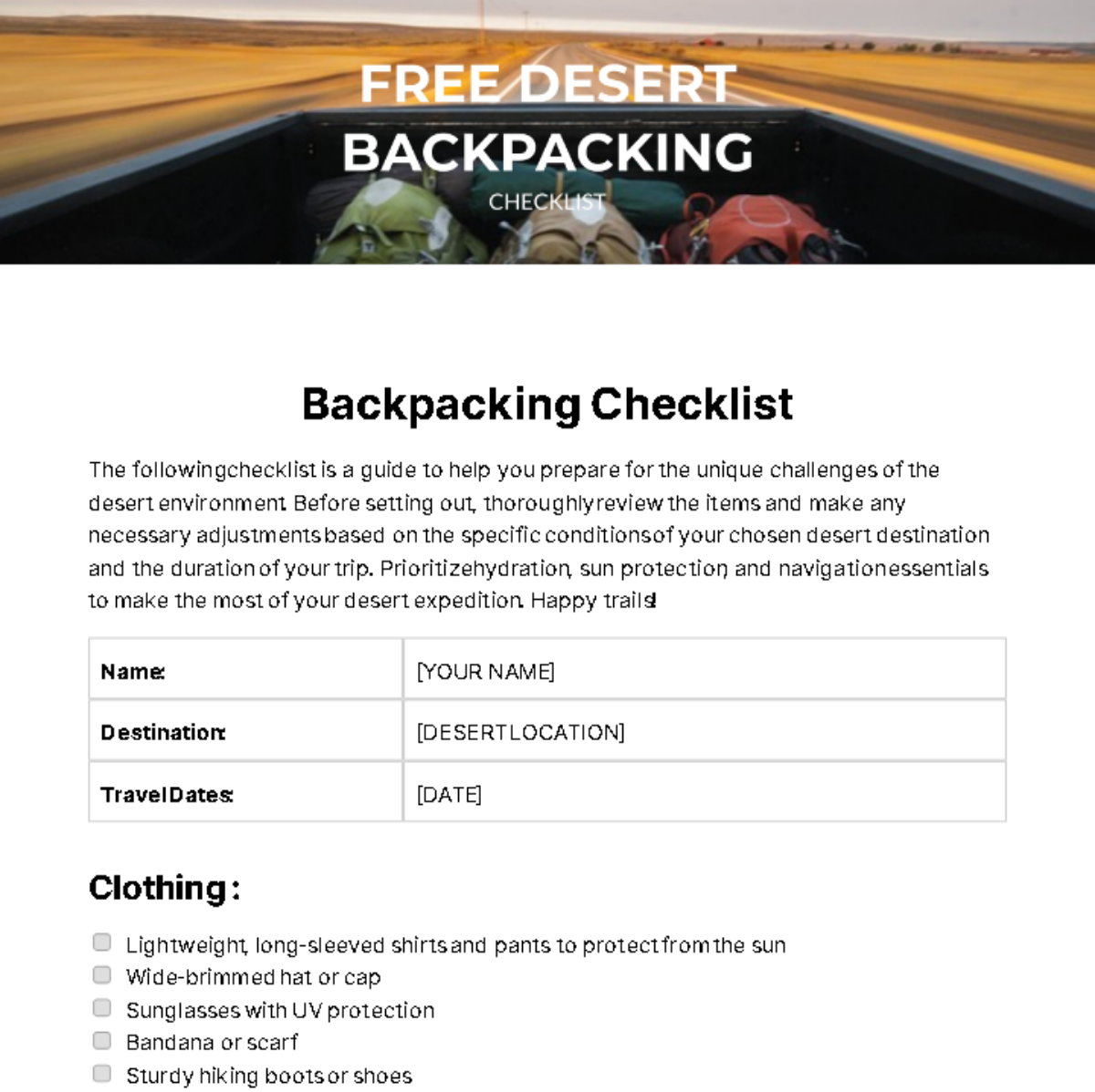 Free Desert Backpacking Checklist Template