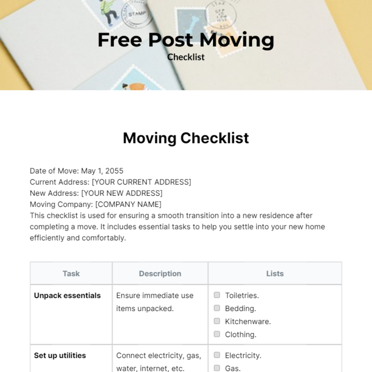 Free Post Moving Checklist Template