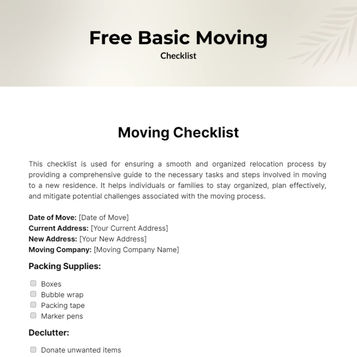 Basic Moving Checklist Template