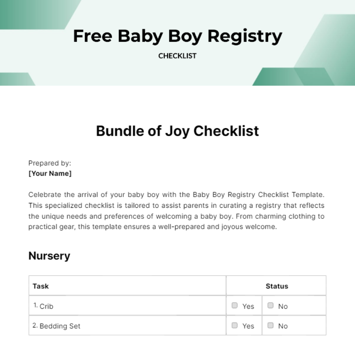 Baby Boy Registry Checklist Template