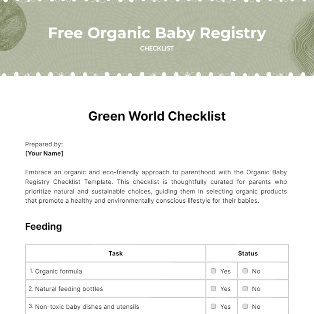 Organic Baby Registry Checklist Template
