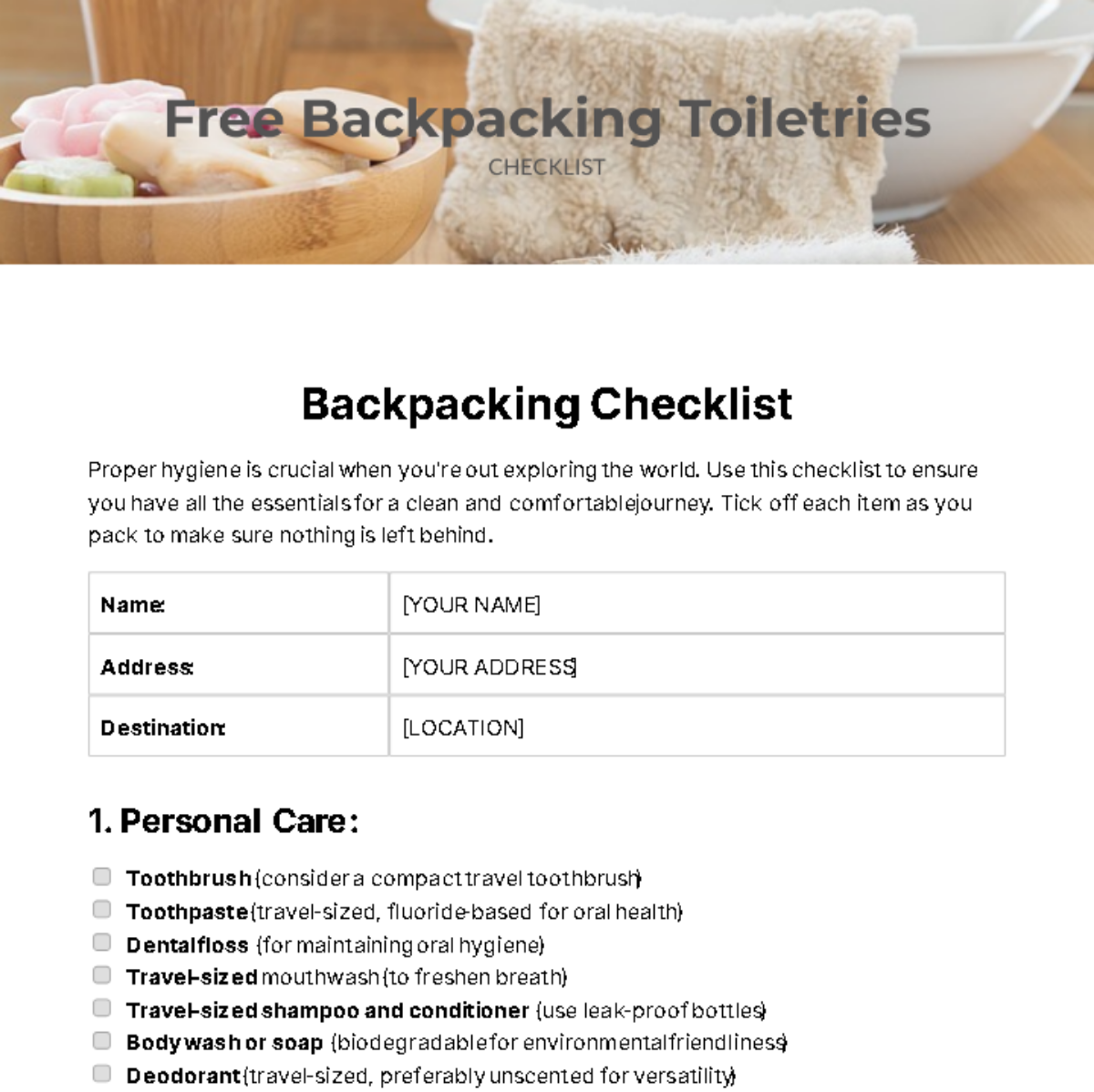 Free Backpacking Toiletries Checklist Template
