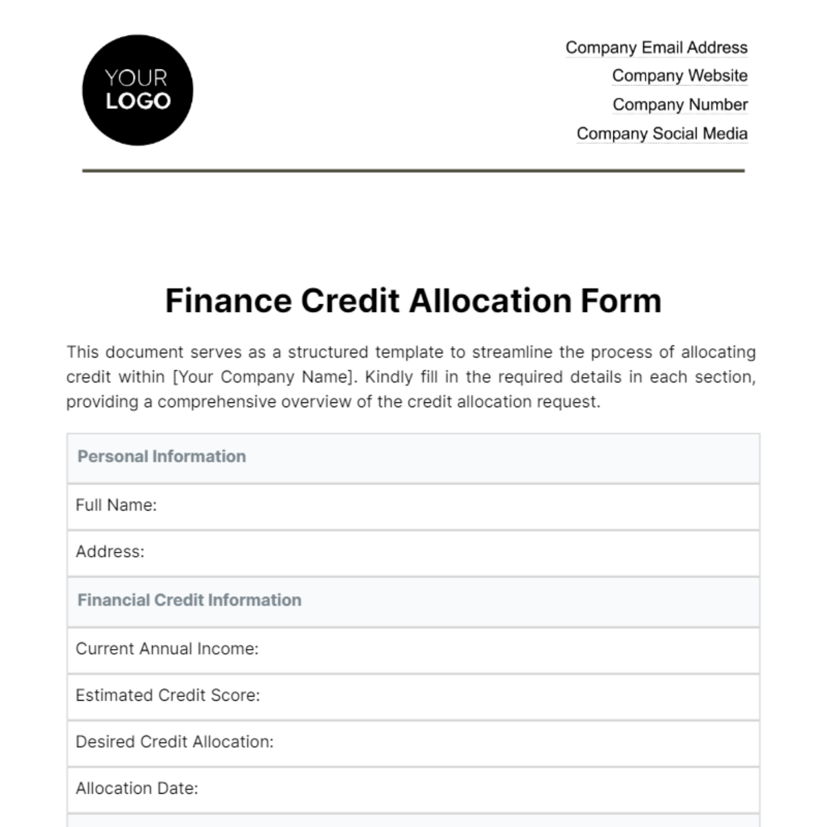 Free Finance Credit Allocation Form Template