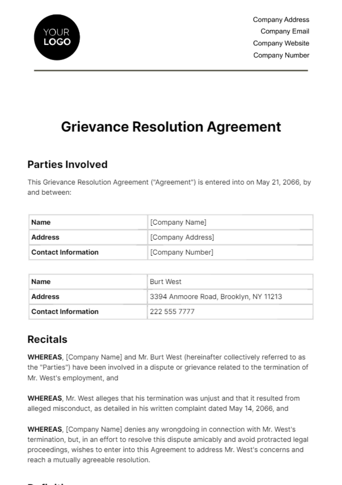 Grievance Resolution Agreement HR Template