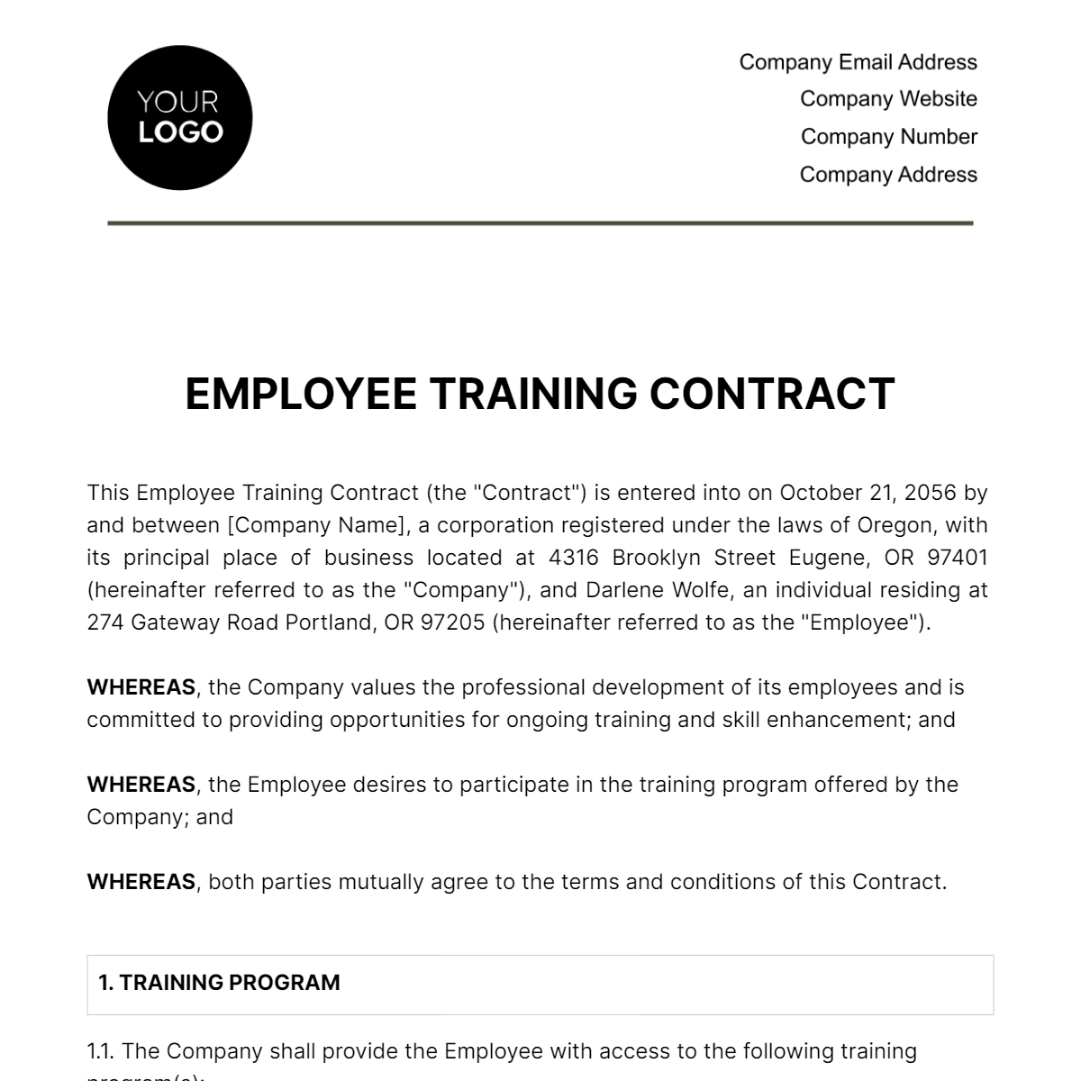 Employee Training Contract HR Template
