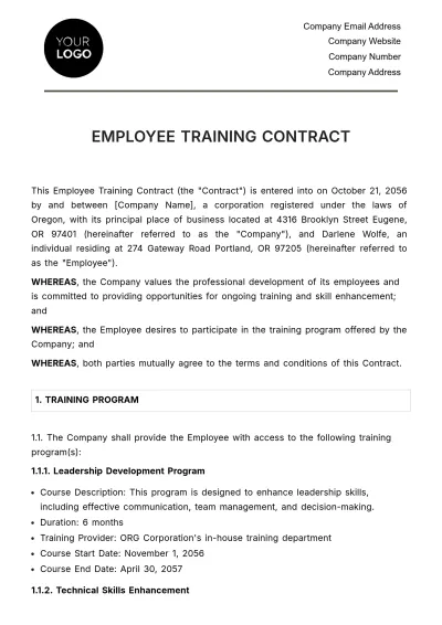Free Employee Training Contract HR Template to Edit Online