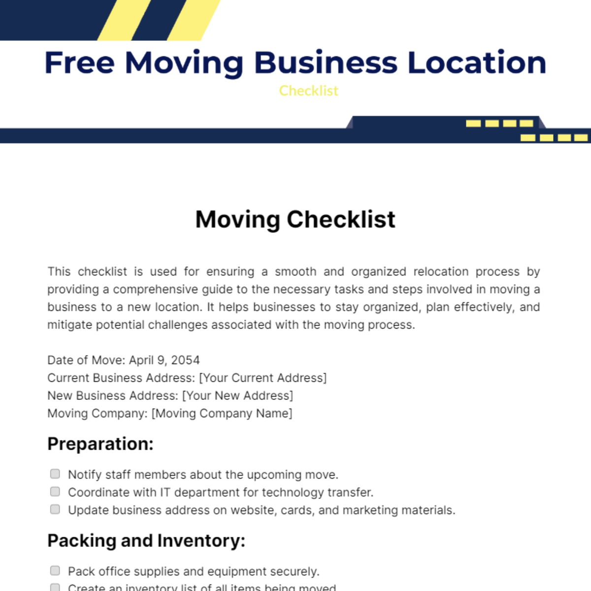 Moving Business Location Checklist Template