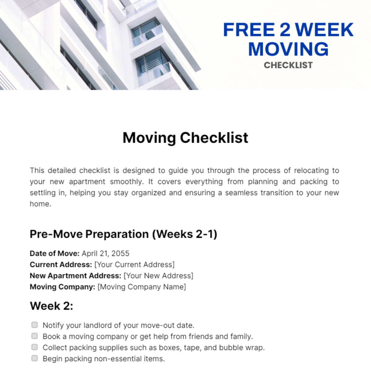 Free 2 Week Moving Checklist Template
