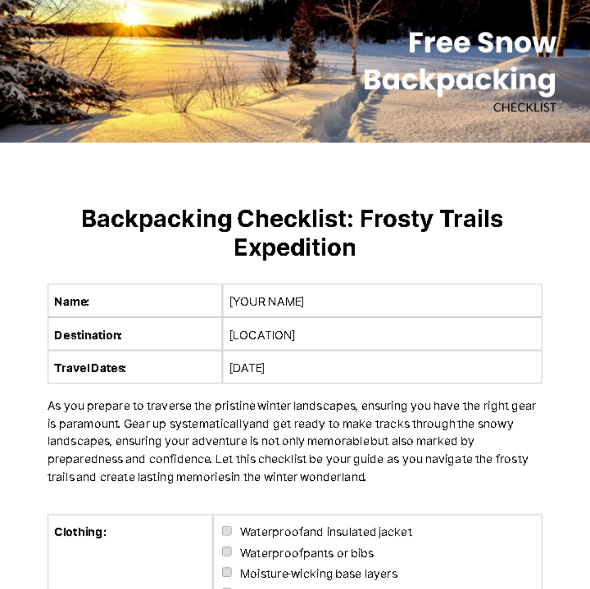 Free Snow Backpacking Checklist Template