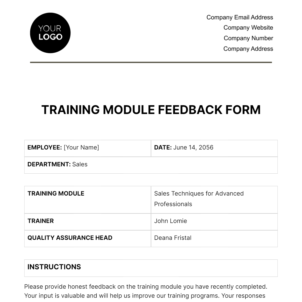 Training Module Feedback Form HR Template