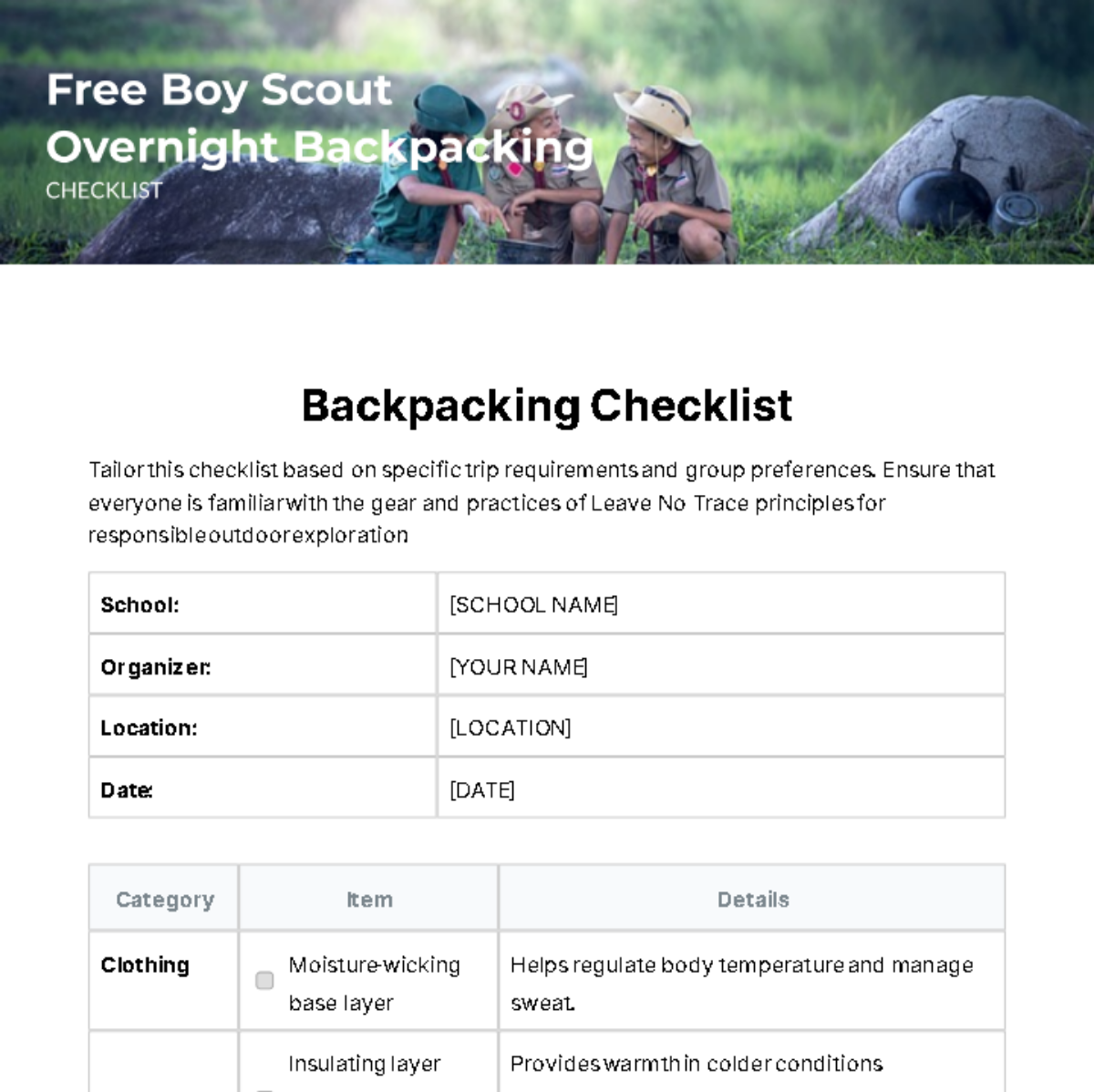 Boy Scout Overnight Backpacking Checklist Template