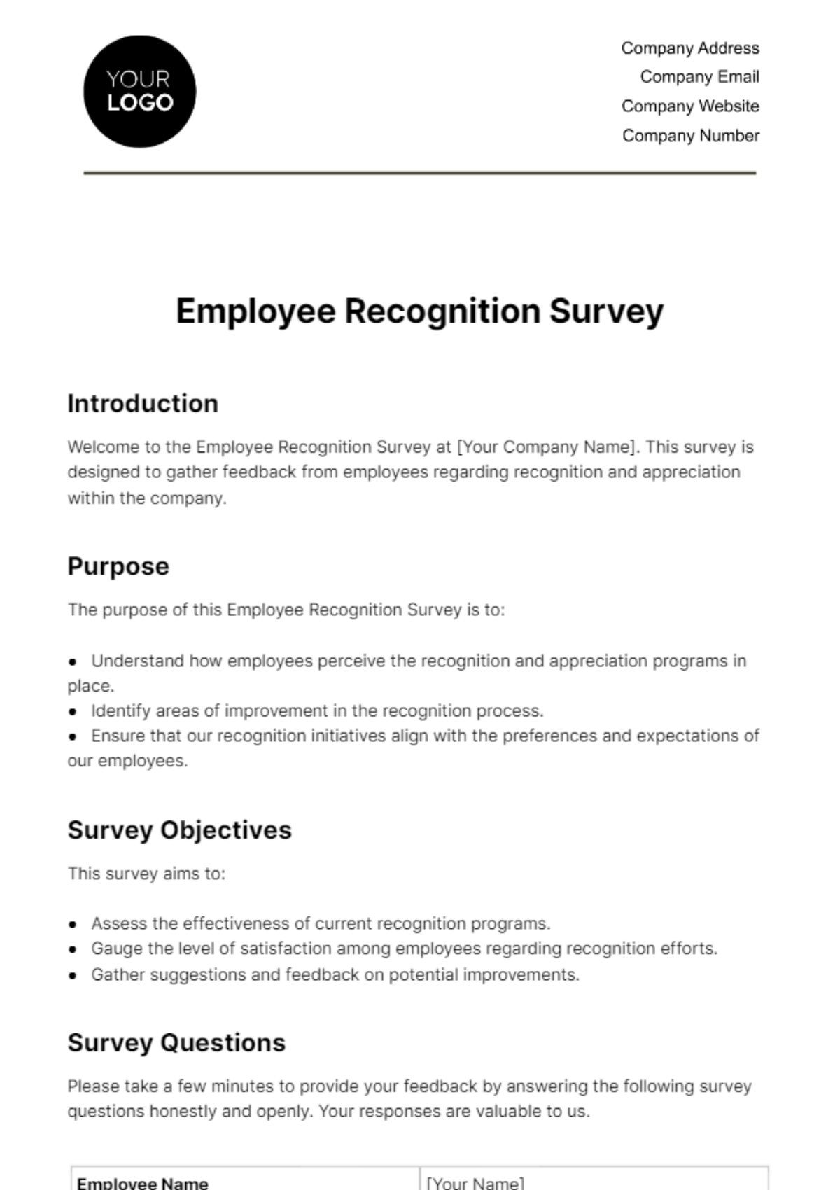 Free Employee Recognition Survey HR Template