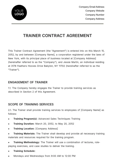 Free Trainer Contract Agreement HR Template to Edit Online