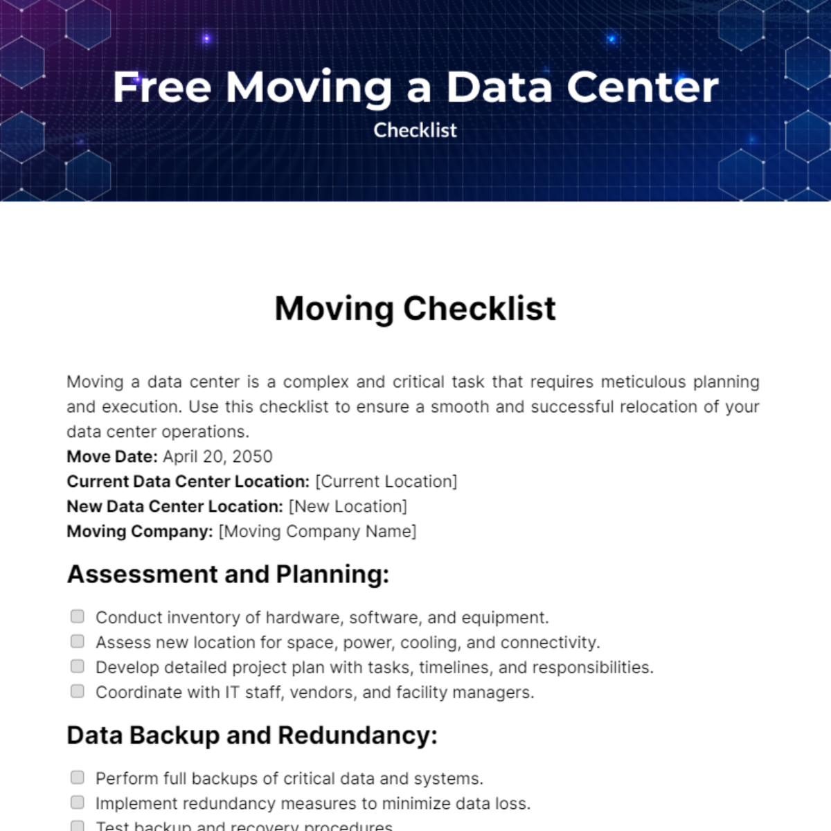 Free Moving a Data Center Checklist Template