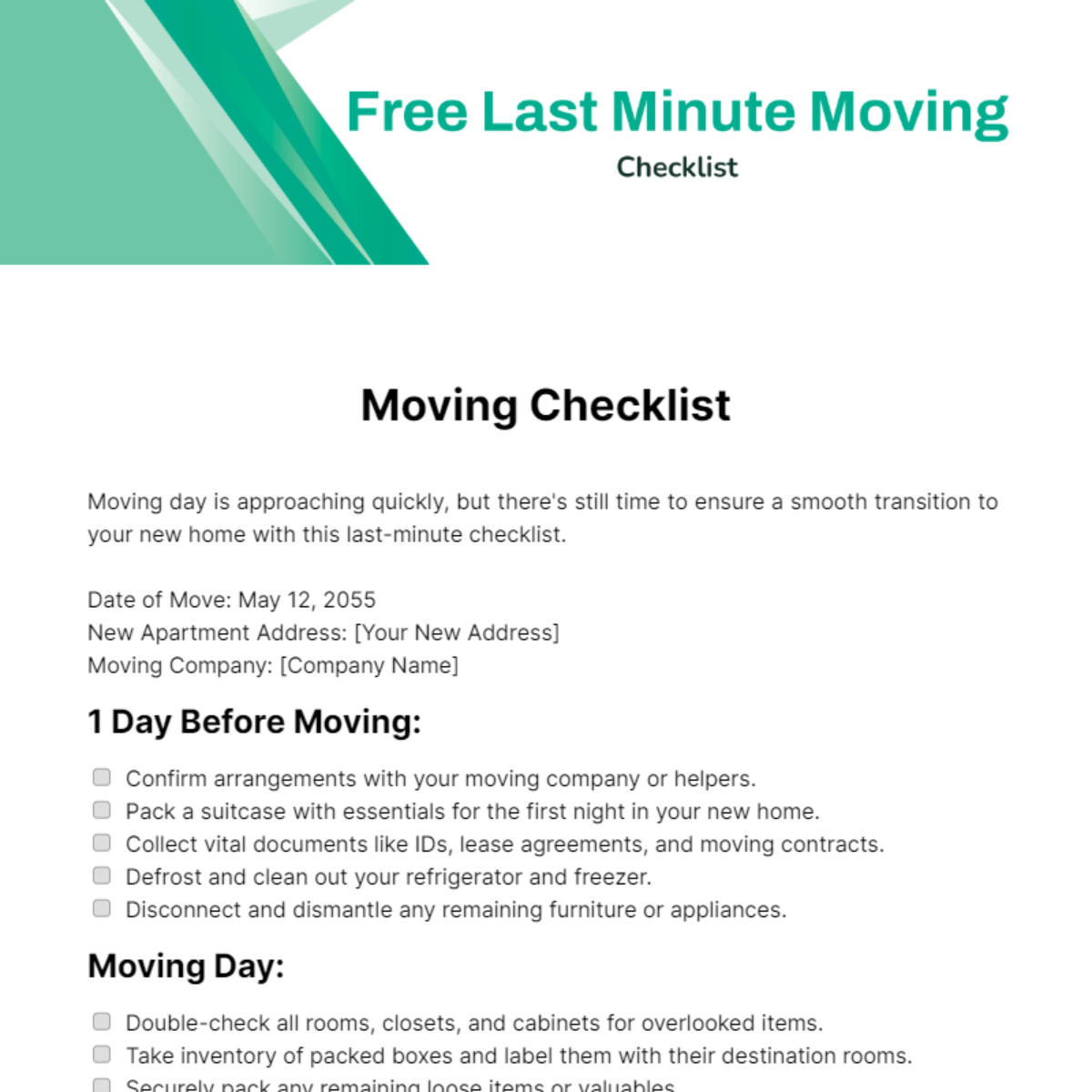 Free Last Minute Moving Checklist Template