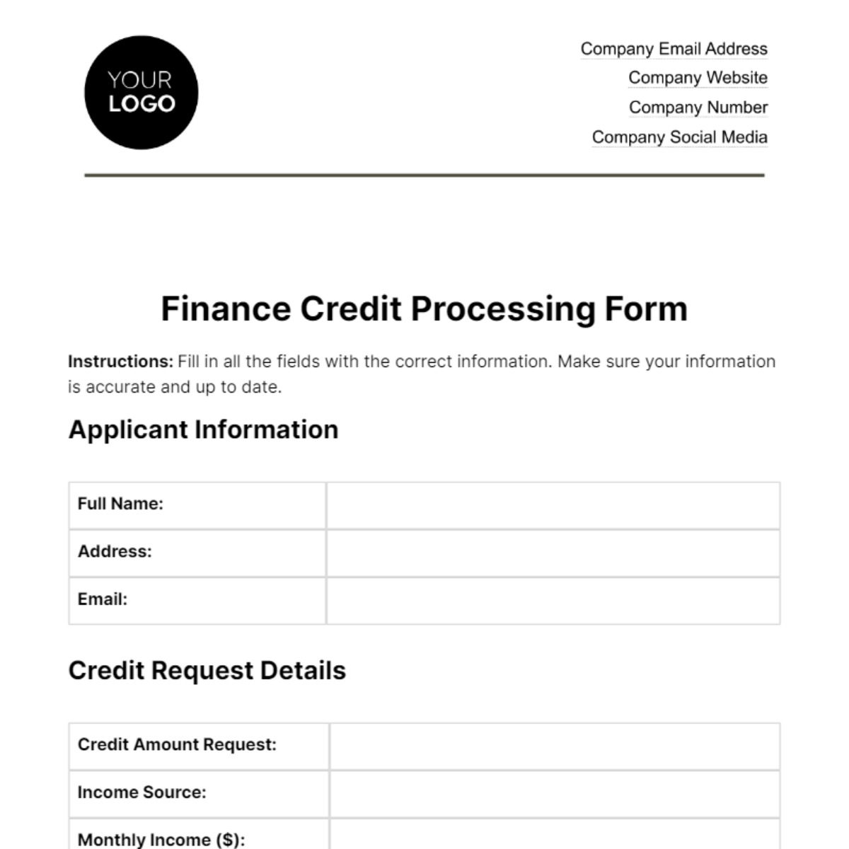 Finance Credit Processing Form Template