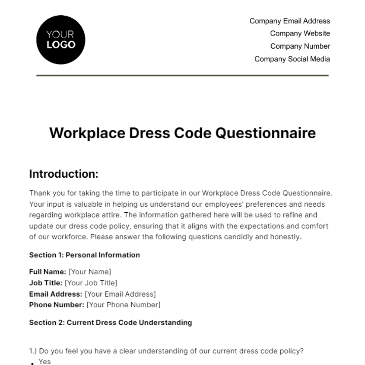 Workplace Dress Code Questionnaire HR Template