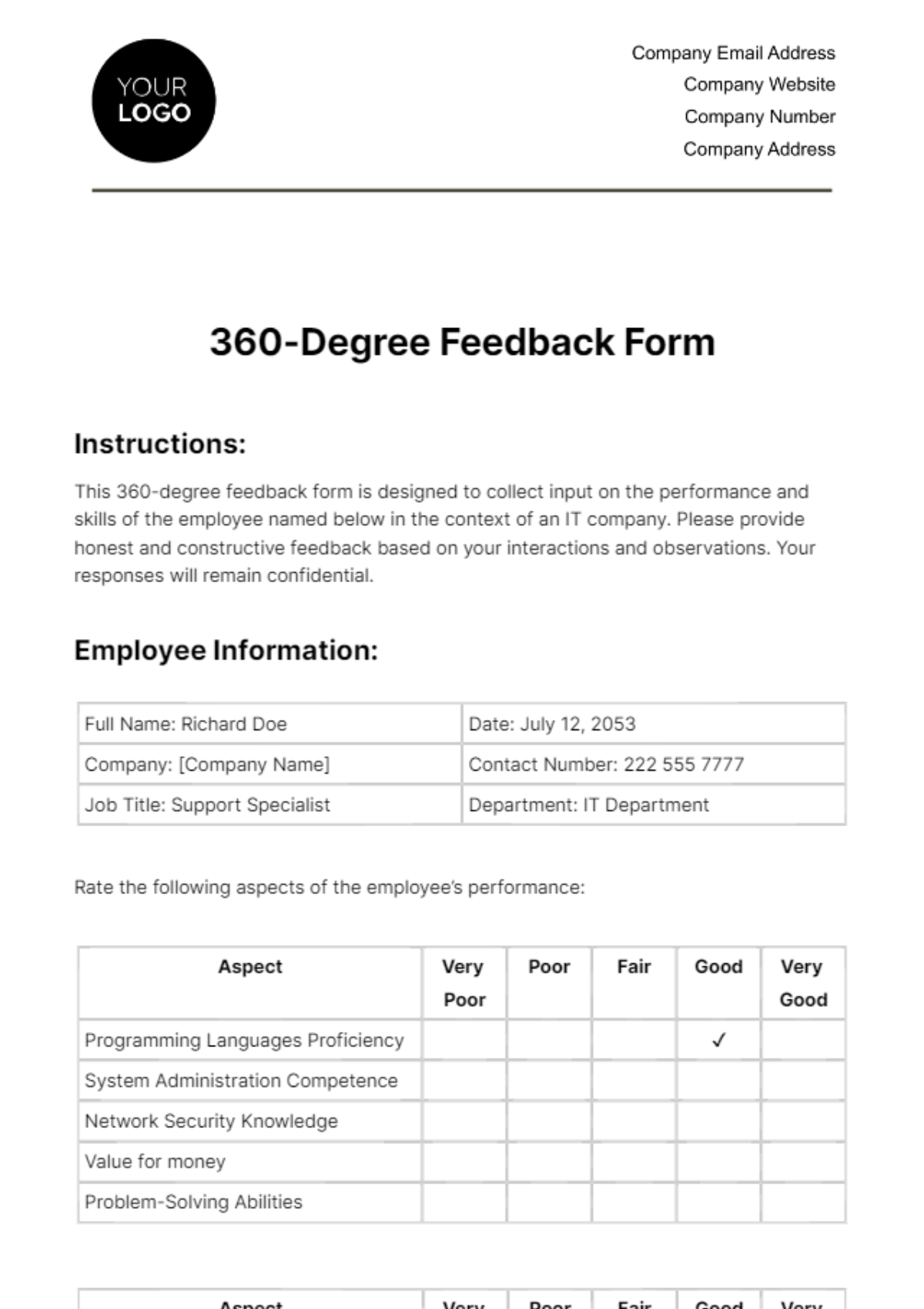 360-Degree Feedback Form HR Template