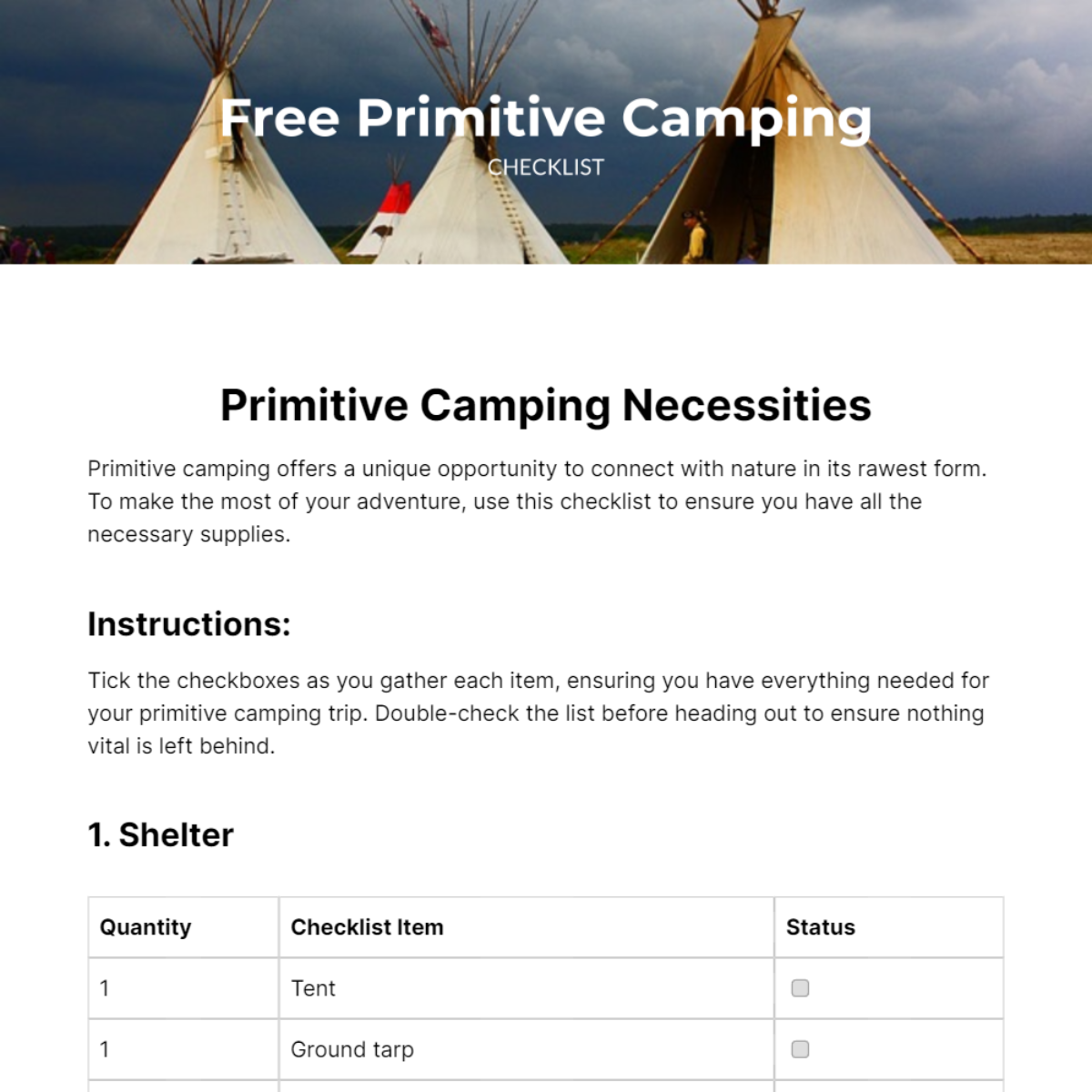 Primitive Camping Checklist Template