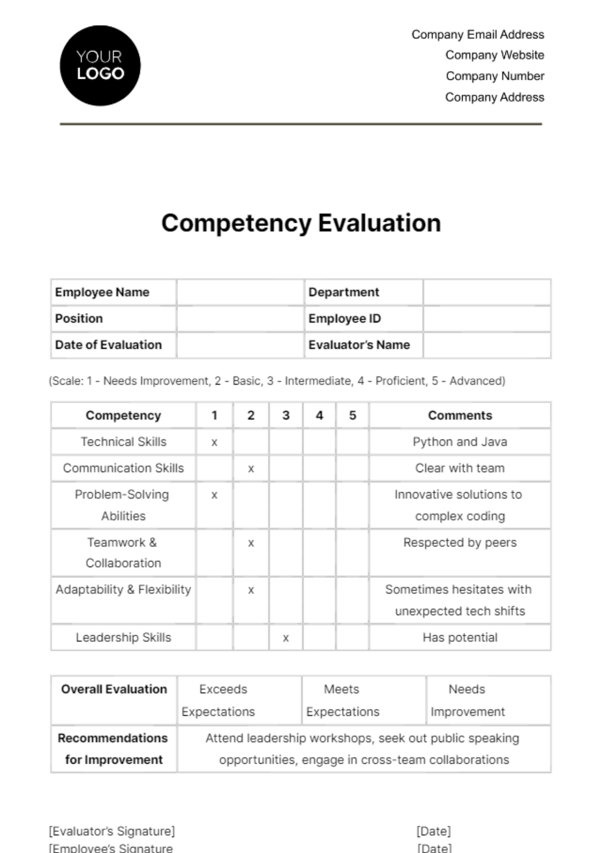 Competency Evaluation HR Template