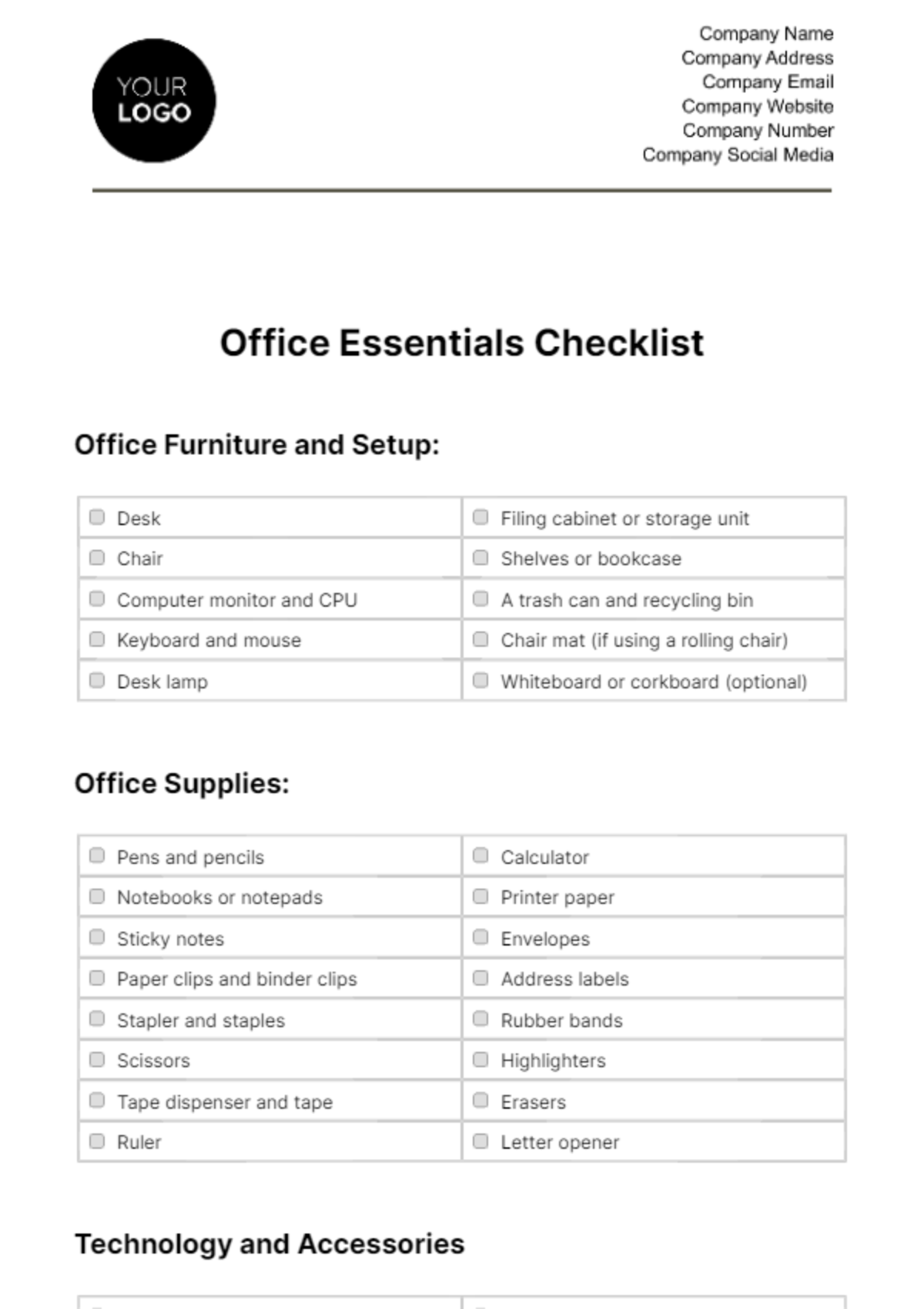 Free Office Essentials Checklist HR Template