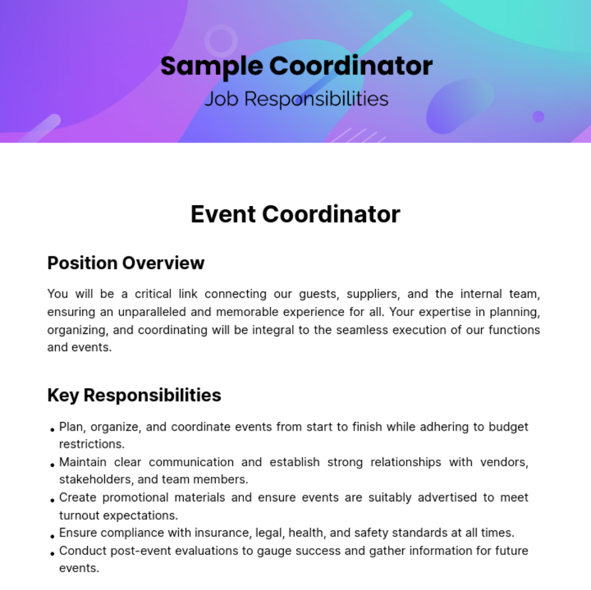 Sample Coordinator Job Responsibilities Template