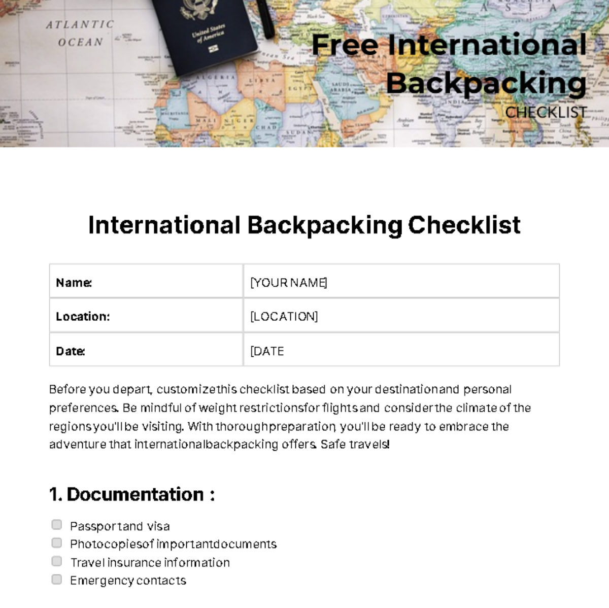 International Backpacking Checklist Template