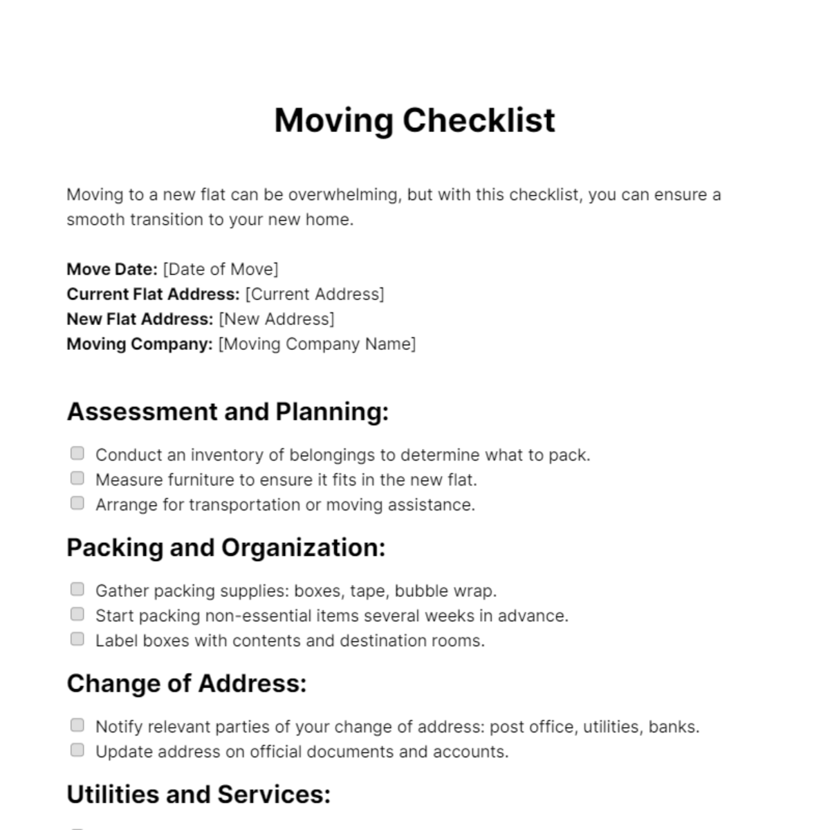 Free Moving Flat Checklist Template