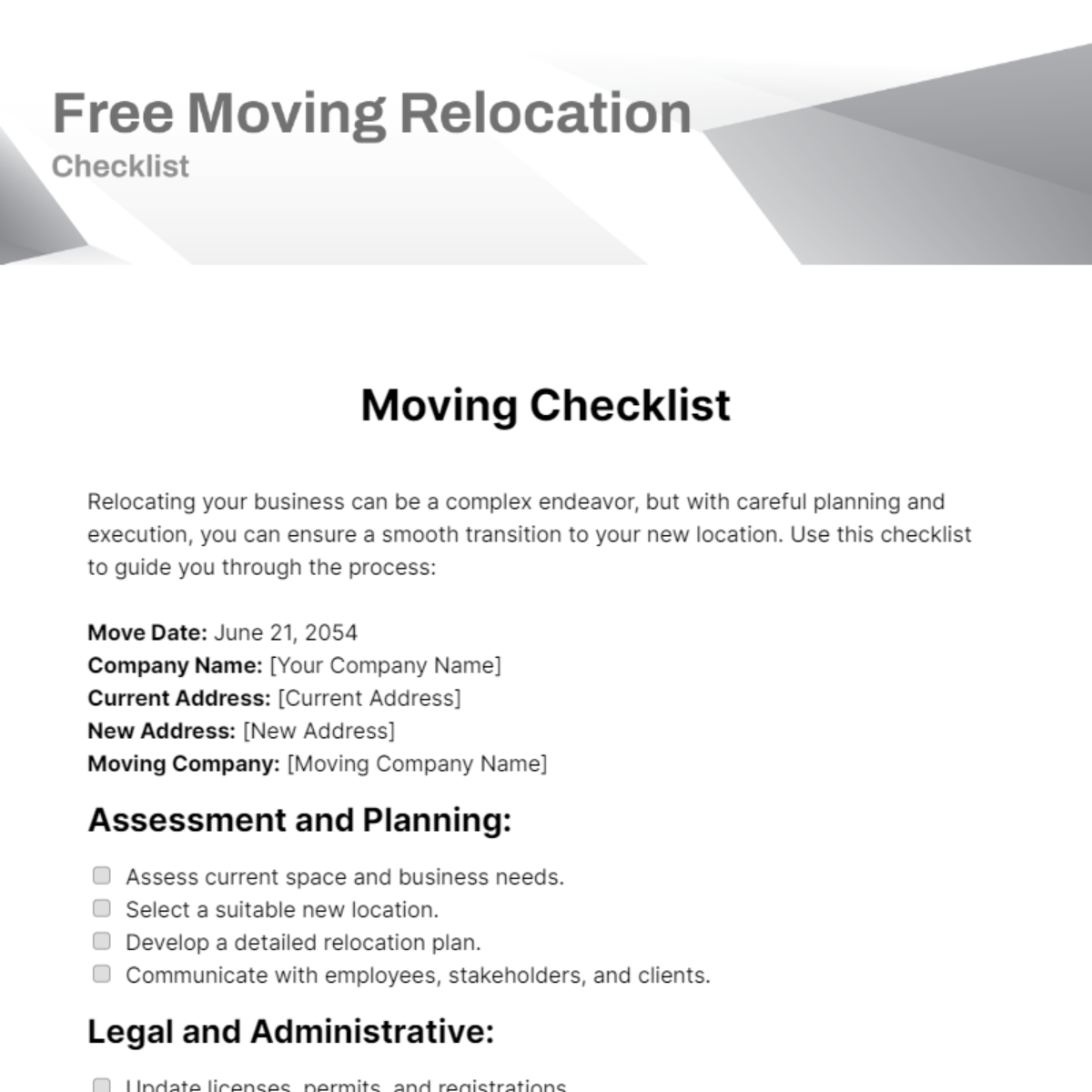 Moving Relocation Checklist Template